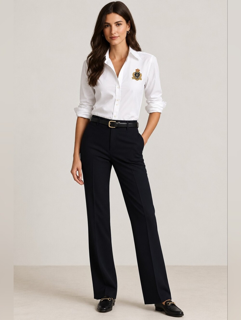 Lauren Ralph Lauren Classic Fit Beaded-Crest White Long-Sleeve Shirt Embroidery